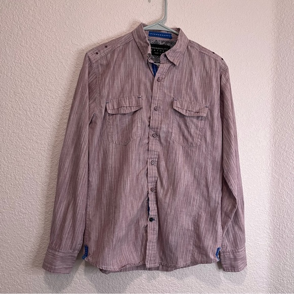 Tranquility Mayhem Long Sleeve Button Up Maroon White Shirt Mens Size S - Picture 11 of 11